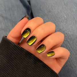 KQueenest Gold Cat Eye Press on Nails Short, 30 Pcs Summer Press on Nails Square, Sparkly Glitter Black Fake Nails Press on Short, Reusable Chrome Soft Gel Glue on Nails for Women, Gothic Design