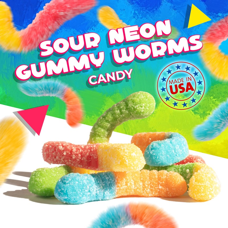 Sour Neon Gummy Worms | 1 Pound Bag | Assorted