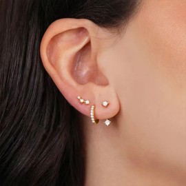 3 Pairs Gold Hoop Stud Earrings for Women Dainty 14K Gold Silver Plated Multiple Piering Earrings Set Hypoallergenic Diamond Cartilage Earrings Trendy Small CZ Huggie Hoop Earrings Stack (Gold)