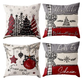 Set of 4 Christmas Cushion Covers (German), Christmas Cushion Covers Red Grey with Bow, Christmas Tree Christmas Bells, Linen Christmas Cushion 45 x 45 cm for Christmas Decoration Indoor Decoration