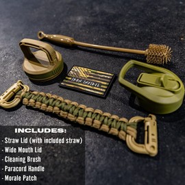 Iron Infidel Battle Bottle Straw Lid & Cleaner Brush Kit - 64 Oz Water Bottle Lid Replacement with Straw, Wide Mouth Lid, and Long Handle Water Bottle Cleaning Scrub Brush Tool (Green/Tan)