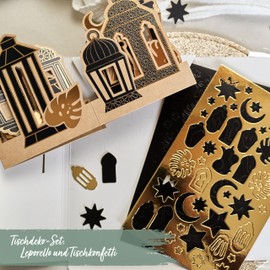 Papierdrachen Ramadan Table Decoration - Table Garland to Stand Up - with Elegant Motif Lanterns Black Gold and Includes Table Confetti - Gold Foiled - Eid Mubarak - Sugar Festival