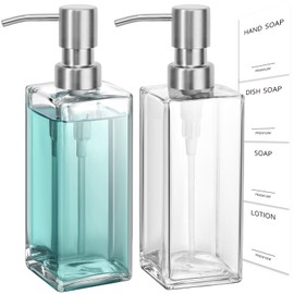 GMISUN Glass Soap Dispenser with Stainless Steel Pump, Clear Hand Soap Dispenser for Bathroom, 12oz Hand and Dish Soap Dispenser Set for Kitchen, Refillable Liquid Soap and Lotion Dispensers Bottle