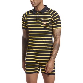 Landofgenie Mens Short Sleeve Romper Onesie One Piece Stripe Pajamas with Polo Collar Black 3XL