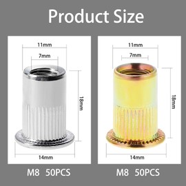 Gueenky Pack of 100 Rivet Nuts M8, Rivet Nuts M8 Retractable Nuts Thread Rivets Nutsert Blind Rivet Nuts Rivet Nuts Galvanised Carbon Steel and Stainless Steel, Each 50 Pieces