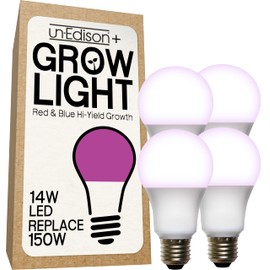 Un-Edison+ 14W Grow Light A19 150W Replacement LED Red & Blue Spectrum Hi-Yield Fruiting (4-Pack)