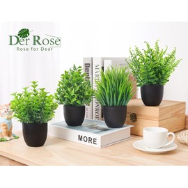 Der Rose Fake Plants 4 Packs Artificial Plants Small Faux Plants in Black Pot for Bathroom Home Office Table Decor Indoor