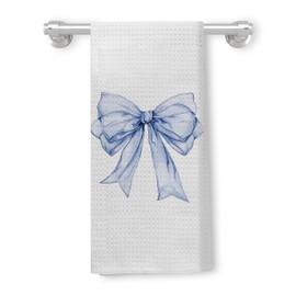 Kemingni Blue Bow Ribbon Coquette Kitchen Towels, Preppy Hand Towels for Bathroom, Coquette Bow Bathroom Decor, Preppy Bathroom Decor, Blue Bow Dish Towels Tea Towels for Kitchen, 16x24 Inch