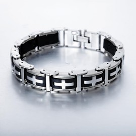 REchoLI Cross Bracelet for Man Stainless Steel Silver & Black Cross Design Rubber Bracelet, Adjustable Stylish Christian Jewelry 21 cm 8.26 inches