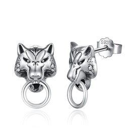 Midir&Etain Wolf Earrings 925 Sterling Silver Viking Earrings Men Wolf Stud Earrings Punk Earrings Hypoallergenic Viking Wolf Jewelry for Women