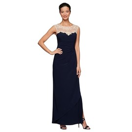 Alex Evenings Women's Long Column Dress with Sweetheart Neck (Petite and Regular), Navy/Nude, 10P