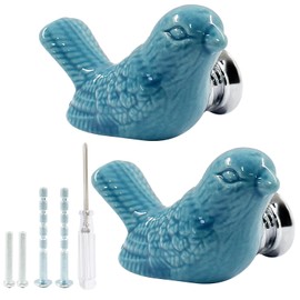 HARSKIYER Bird Shape Ceramic Knobs, 2 Pack Blue Cute Cabinet Pulls Handles for Dresser, Drawer, Cupboard with Mounting Screws and Screwdriver