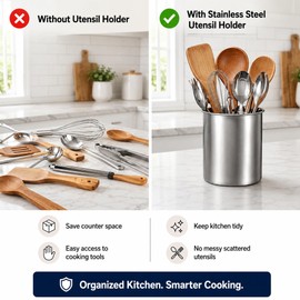 ZORGONS Stainless Steel Utensil Holder for Counter Top - 4.5'' Utensil Caddy, Kitchen Utensil Crock Spoon Holder and Countertop Utensil Organizer, Stainless Steel Caddy