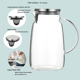 Purefold Glass Pitcher with Lid, 81oz Heat Resistant Water Jug for Hot/Cold Water, Ice tea and Juice Beverage Clear, Large Caliber Easy Clean