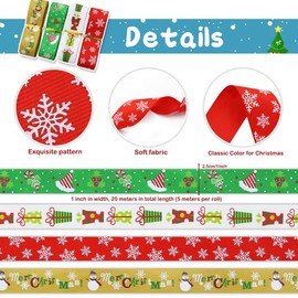 20 Yards 1" Wide Christmas Grosgrain Printed Assorted Satin Ribbon in 4 Colors and 4 Patterns for Holiday Xmas Wedding Gift Package Wrapping DIY Crafts Sewing Hair Bow Clip Party Favors Decoration