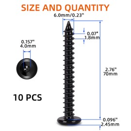 M6 x 70mm Flat Head Socket Cap Self Tapping Screws, 304 Stainless Steel, Hex Drive, Black Finish, 10 PCS
