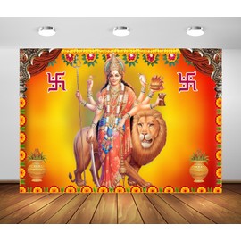 BELECO 8x6ft Fabric Indian God Backdrop Goddess Sheran Wali MATA Rani MATA Ji Seated on a Tiger, Hindu God Background India Pooja Theme Party Decorations Banner Portrait Photoshoot Studio Props
