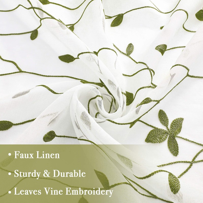 WUBODTI Sage Green Leaf Embroidered Sheer Curtain 72 Inches Long