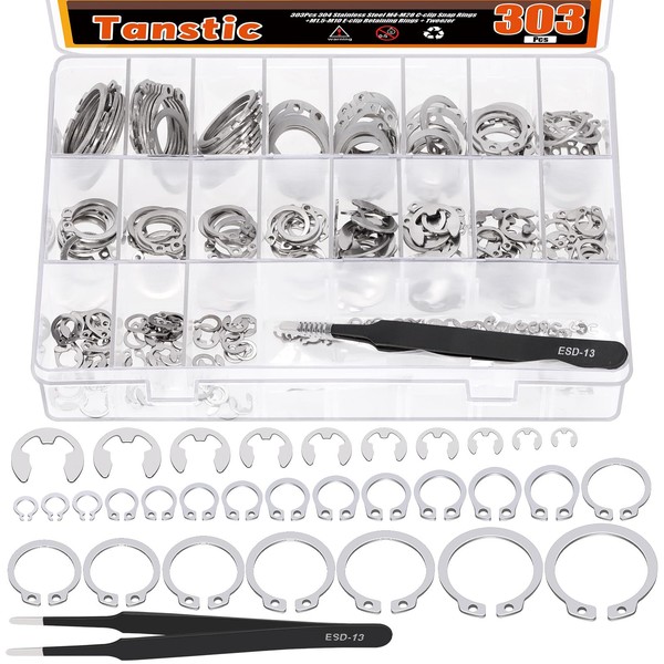 Tanstic 302Pcs C-clip External Retaining Rings Snap Rings Assortment Kit(M4-M28)