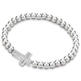 COOLSTEELANDBEYOND Sparkling Beads Bracelet for Women with Cubic Zirconia Horizontal Sideway Cross(CA)