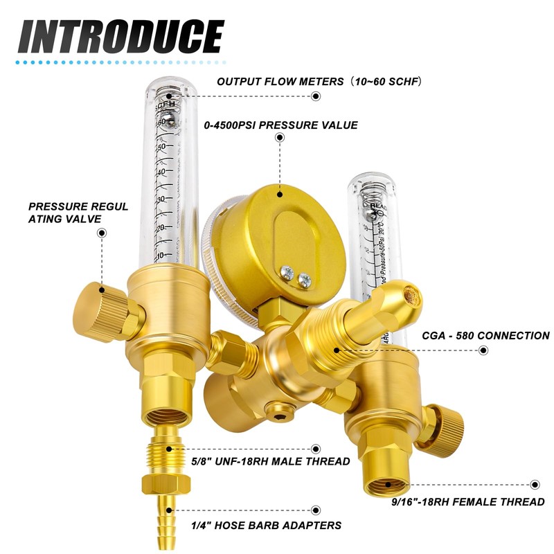 MEANLIN MEASURE Argon Regulator Flow Meter,CGA580 Inlet Connection,5/8" x 18RH