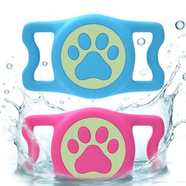 ZiperTag [2 Pack] IP68 Waterproof Airtag Holder for Dog Collars,Dog Airtag Holder,Stretchy Silicone Holder for Air Tag,Flexible & Durable (Luminous Blue+Luminous Rose)