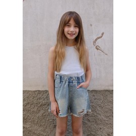 Rolanko Girls Denim Shorts Elastic Waist Summer Ripped Hot Short Jeans with Pockets for Kids, Ripped Hole, Size: 13-14 Years,170