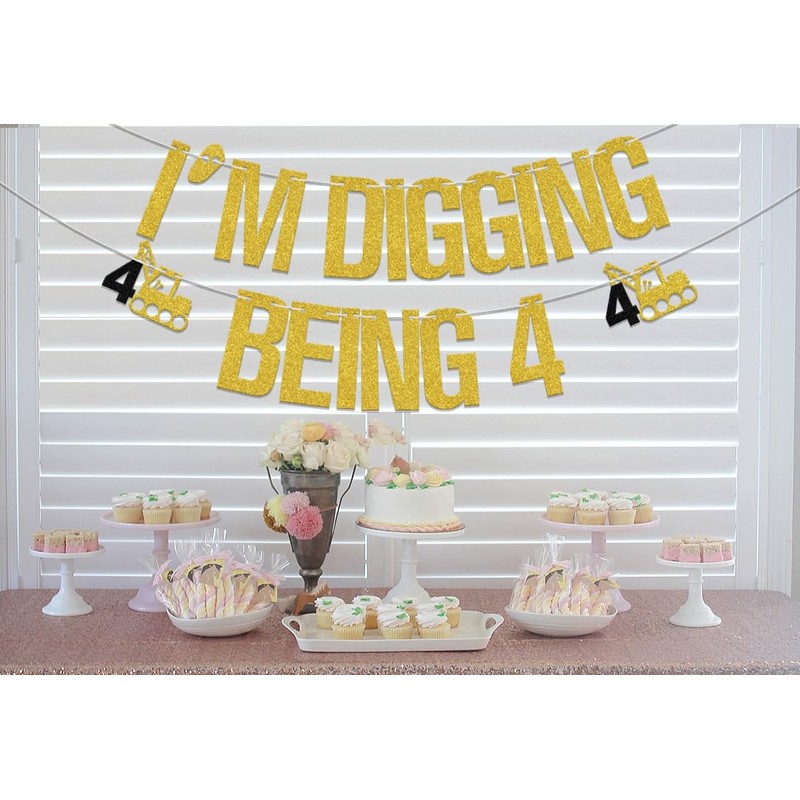 AETGDDS I'm Digging Being 4 Gold 4th Birthday Banner, Construction