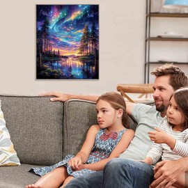 Starry Night Stamped Cross Stitch Kits for Adults - Lake Tree Embroidery Kits for Beginners Adults,11 CT Patterns Dimensions Counted Cross Stitch Kits for Adults Arts Craft 12x16 inch