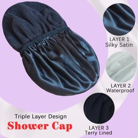 Shower Cap Reusable Waterproof, Terry Lined Shower Caps for Women, Triple Layer Hair Cap for Shower, Large Plastic Shower Cap for Braids Long Hair