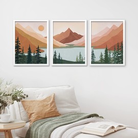 SIGNWIN Framed Set Geometric Mountain Forest Lake Wall Art, Set of 3 Abstract Nature Illustrations Wall Decor Prints, Nordic Wall Décor for Living Room, Bedroom - 12"x16" White