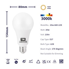 TBE LIGHTING 20W LED A80 Bulb - E27 Standard Screw Fitting, 150w Equivalent Non-Dimmable Energy Saving LED A80 Bulb, 1800 Lumen Output, 20,000Hrs Life Expectancy (3000K Warm White)