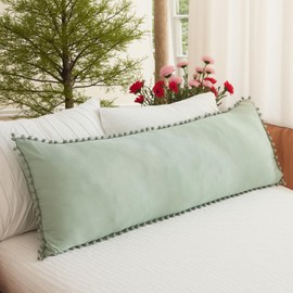 MOVE OVER Sage Green Body Pillow Cover 20x54 Inches Cute Pom Poms Decorated Pillow Cover Soft Washed Microfiber Boho Long Pillowcases with Pocket Closure, Pack of 1