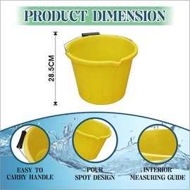 Set of 2- Yellow Plastic Builders Bucket 3 Gallon 14 Litre Water Mixing Storage Strong with Measuring Guide, Handle And Spout (Made in U.K)