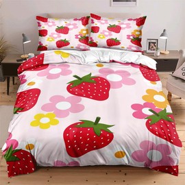 YIXINZHUANJIN Full Girls Strawberry Red Comforter Cover Bedding Sets Girl Women Duvet Cover Set for Kids Strawberry Duvet Cover Set Bedroom Decor,1 Duvet Cover and 2 Pillow Shams - 80x90 inches