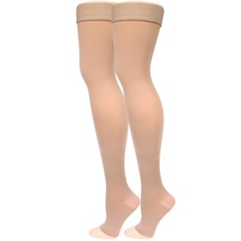 NuVein Medical Compression Stockings, 20-30 mmHg Support, Soft Comfort Microfiber, Thigh Length, Open Toe, Beige, Large