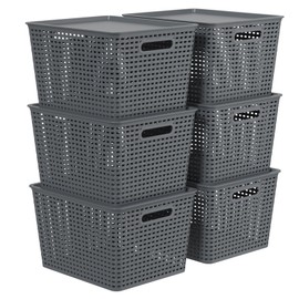Gainhope 6-Pack Large Plastic Storage Baskets with Lid, 13.98" x 11.57" x 8.66", Stackable Storage Container Organizer Bins for Office, Bathroom, Kitchen, Pantry, Gray