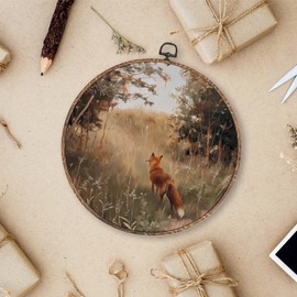Lengues Vintage Antique Fox Fall Round Wall Art Decor, Rustic Fall Woodland Animal Round Wall Decor, Cottagecore Canvas Framed Art Prints, Autumn Forest Aniaml Hanging Frame for Home Room 10x10 Inch