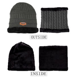 T WILKER 3 Pcs Winter Knit Beanie Hat Neck Warmer Scarf and Touch Screen Gloves Set for Men Women Fleece Lined Skull Cap Thick Soft Scarf and Knit Gloves
