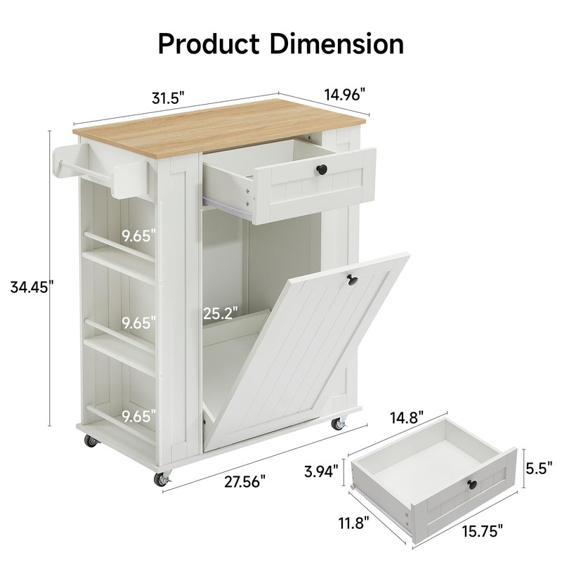 Rolling Kitchen Island with Trash Can Cabinet, 6-Tier Spice Rack,