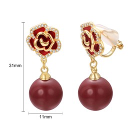 Vissen Red Flower Round Pearl Clip On Drop Earrings For Women Camellia Cubic Zirconia Gold Plated Vintage Earrings Dainty Jewellery