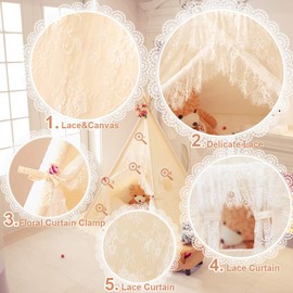 TreeBud Lace Teepee Tent for Girls Tipi Tent Ivory Canvas Classic Play Tent Play House Indoors for Kids Room Décor