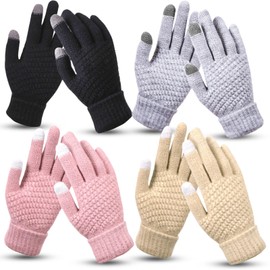 4 Pairs Women's Winter Touch Screen Gloves, Warm Fleece Lined Knit Gloves Elastic Cuff Winter Texting Gloves (Color B)