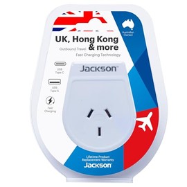 Jackson AUS - UK & HK USB-A & USB-C Travel Adapter, White
