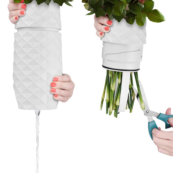 The Amaranth Vase - Unique Design for Easy Water Draining and Stem Access - Impact Resistant Plastic and Marble Blend - The Smart Vase for Floral Arrangements (White)