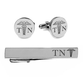 Engraved Silver Caduceus Cufflinks & Tie Clip Set For Doctors - Ships From USA