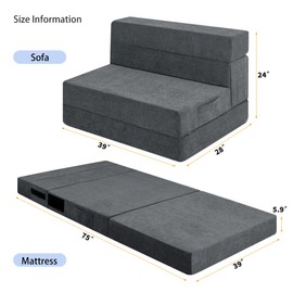 Ressainic Folding Sofa Bed Chair with Pillow,Convertible Fold Out Chair Bed Sleeper,Foam Floor Mattress, Foldable Futon Couch Bed for Living Room/Dorm/Guest/Office (Grey, Twin)