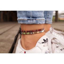 Made by Nami Surfer Anklet Set of 2 Women and Men - Thin Boho Hippie Ethnic Anklet - Handmade Beach Festival Accessories - Waterproof and Adjustable - 100% Ecologic. Cotton (Brown & Safari)