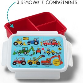 Tyrrell Katz Kids Trucks Printed Large Bento Lunch Box in Blue - Children's Food Container with Clip Lock Lid and Removable Inner Dividers - 18.5 x 14.5 x 6.0 cm