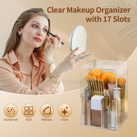 Singring Makeup Brush Holder Organizer with Lid, Acrylic Dustproof Makeup Brush Storage Box, Cosmetic Make Up Brush Container for Vanity, Bathroom